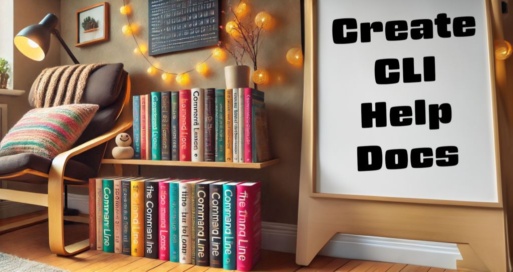 AI Generated image of books about the command line against the wall with a sight containing 'Create CLI Help Docs'.