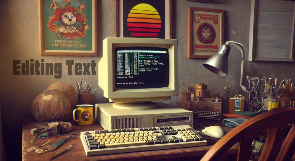 An old desktop computer on a desk with a keyboard and the terminal app on the screen. Behind are several frames.