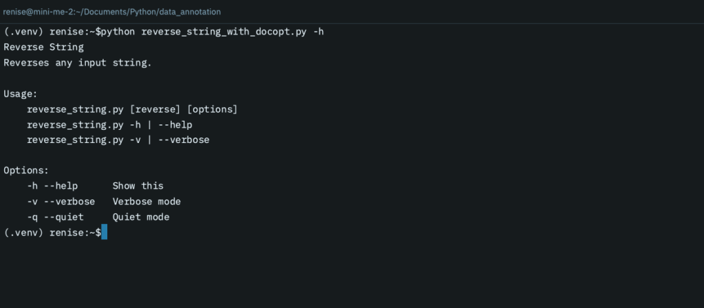 The command line with help documentation for the reverse string function