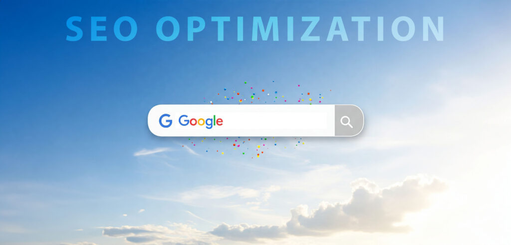 Header image with the words seo optimization at the top and an AI depiction of Google Search with clouds in the background